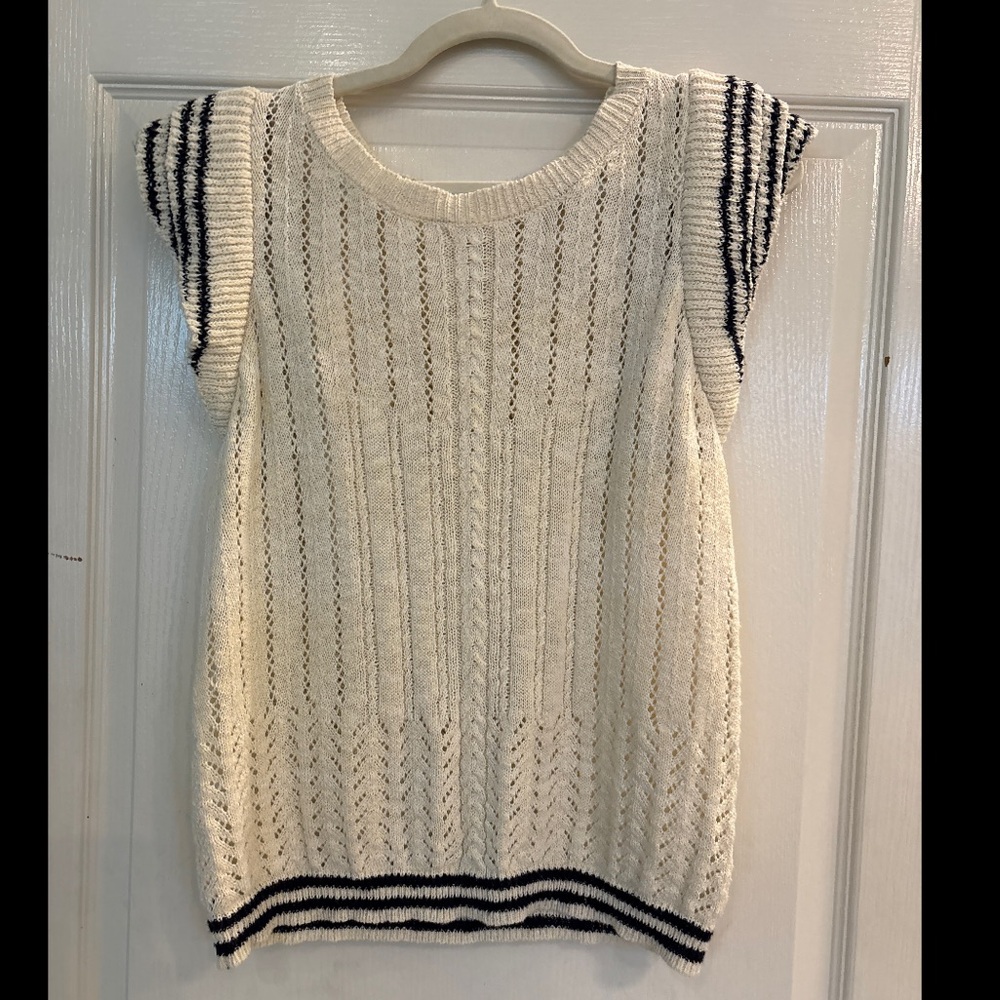 Fate Anthropologie Cream Pointelle Knit Cap Sleeve Sweater Nautical Stripe M